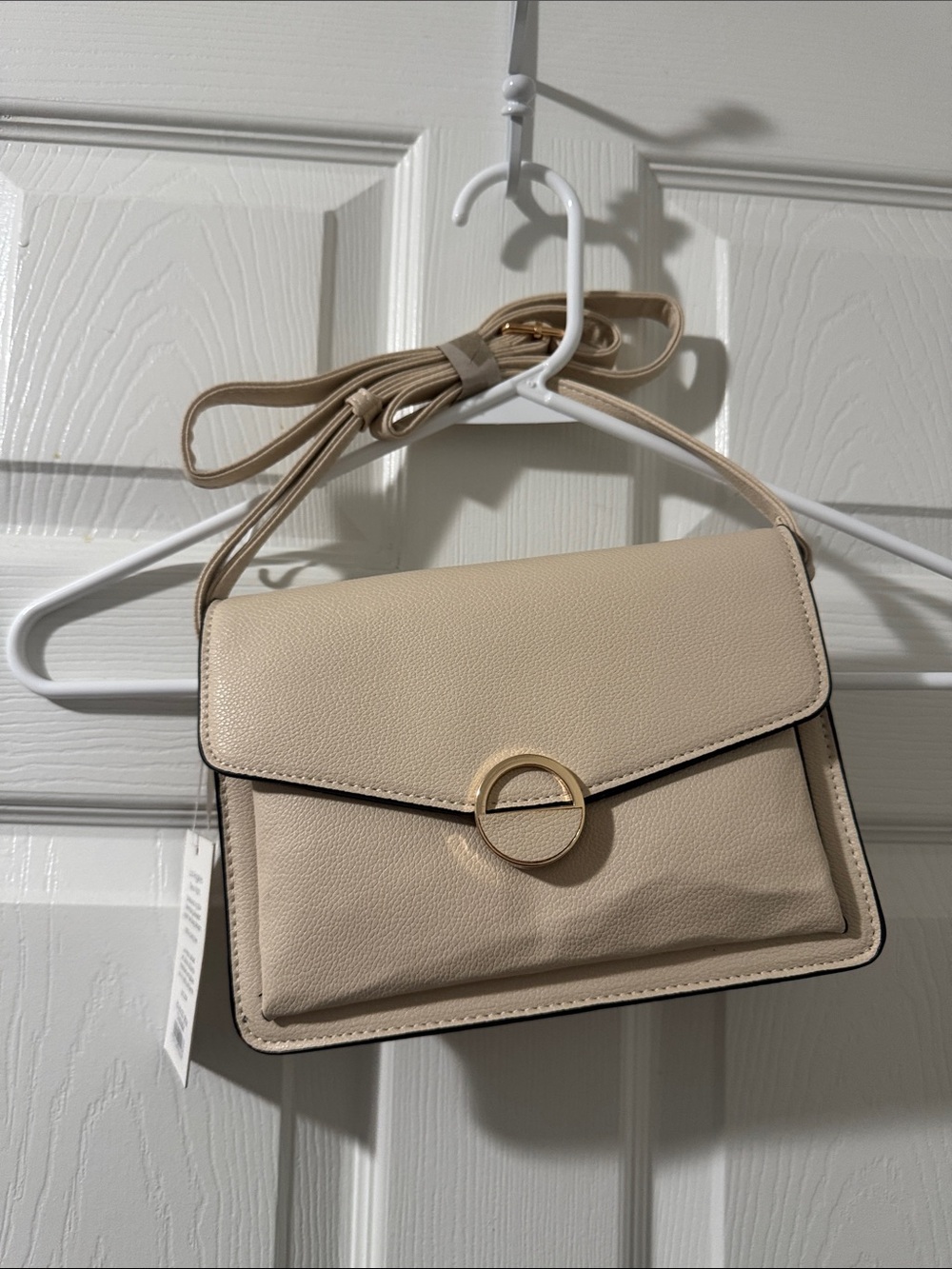 Neutral Beige Crossbody Bag with Gold Ring Accent